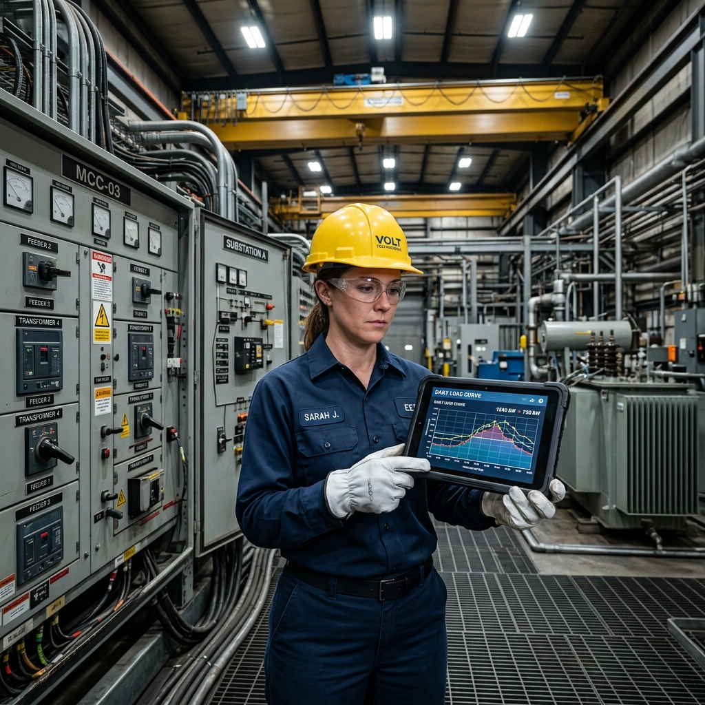 Engenheiro Eletricista analisando dados de curva de carga — VoltchZ